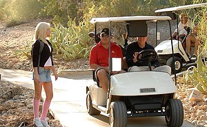 Pretty blonde babe in a denim skirt gets lost and shows her lust